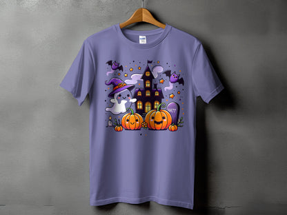 Purple t-shirt with a Halloween-themed graphic featuring ghosts, pumpkins, bats, and a haunted house.