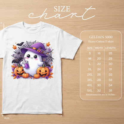 White Gildan 5000 heavy cotton t-shirt with a cute ghost graphic and size chart.