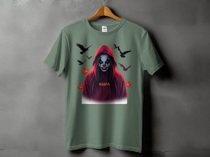 Green t-shirt with spooky clown design, birds, and pumpkins.