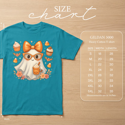 Teal Gildan 5000 t-shirt with a cute ghost graphic and size chart.