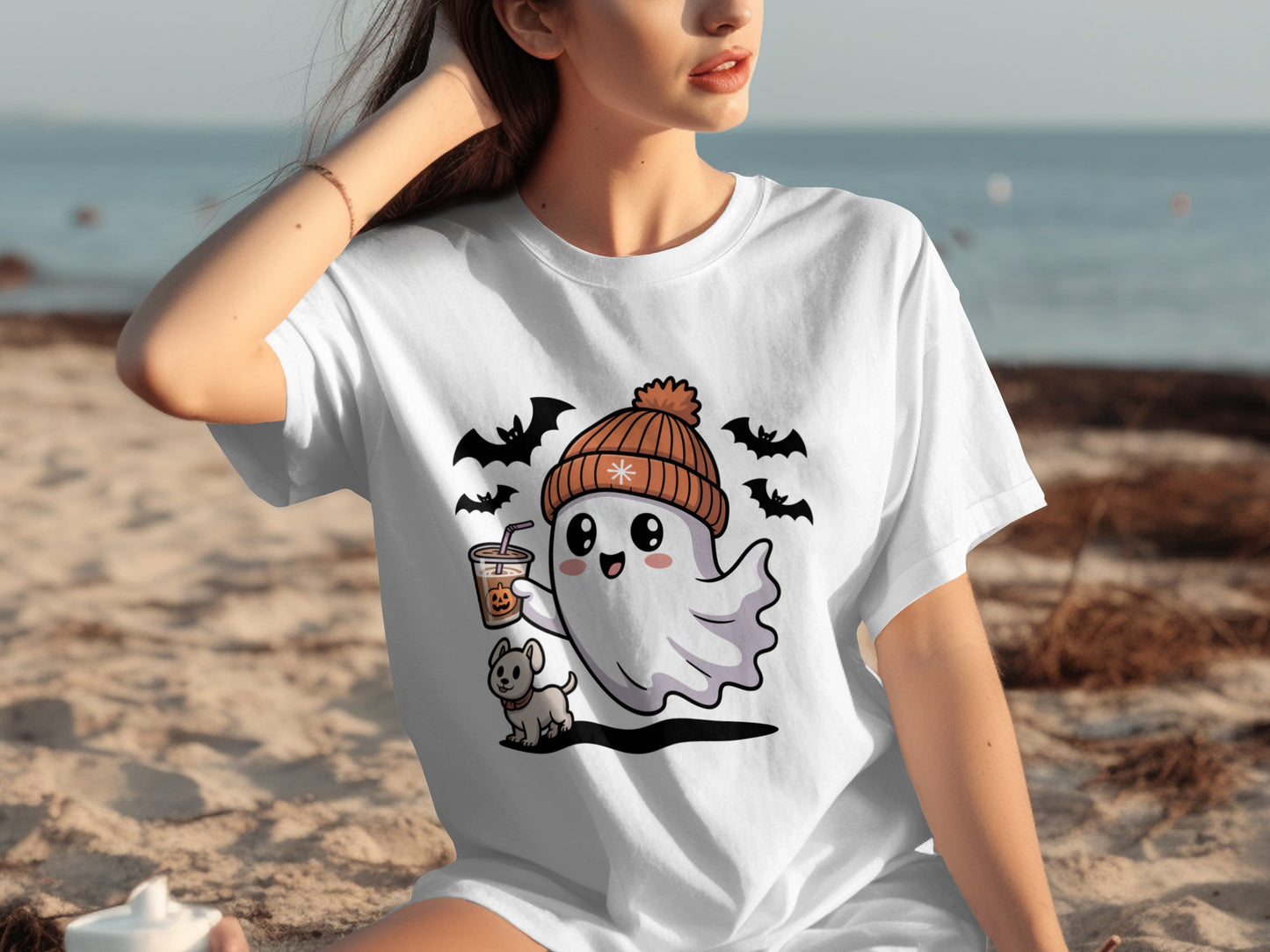 Cute Halloween Ghost with Dog and Bat T-shirt