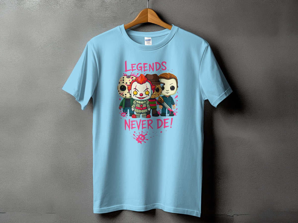 Light blue t-shirt with horror movie characters and "LEGENDS NEVER DIE!" text.