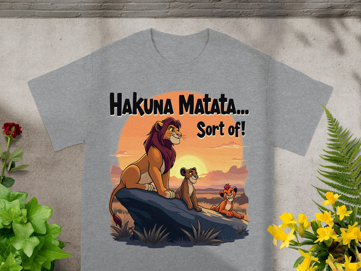 Grey t-shirt with "Hakuna Matata... Sort Of!" and The Lion King characters.