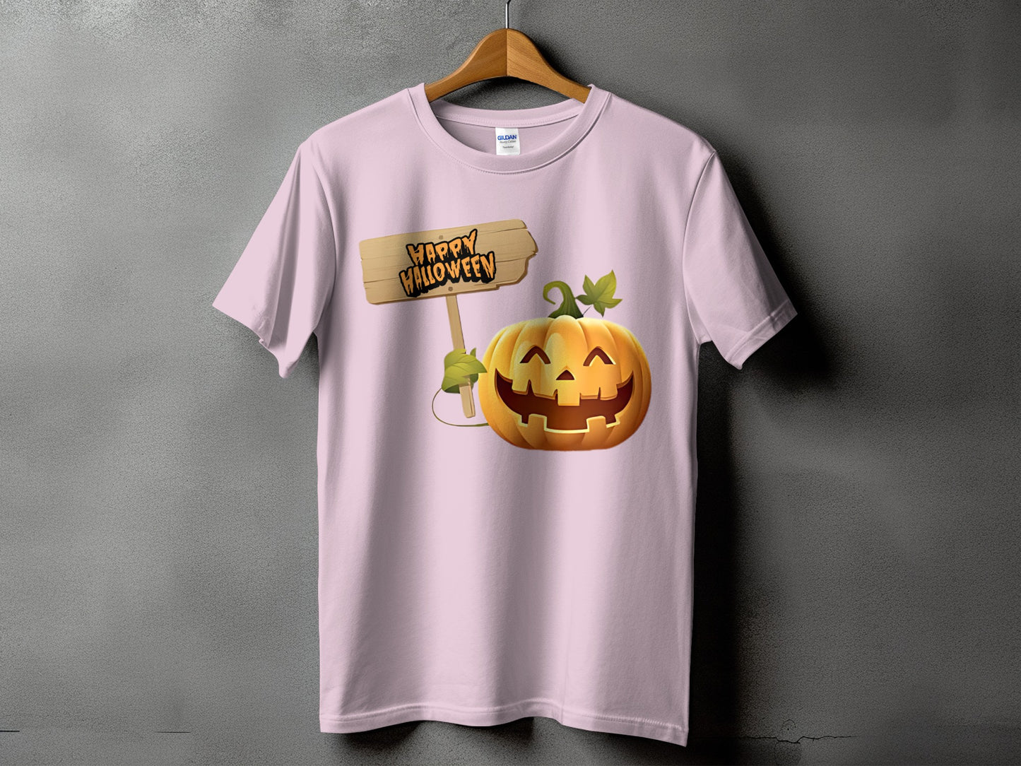 Pink t-shirt with a jack-o'-lantern and a "Happy Halloween" sign graphic.
