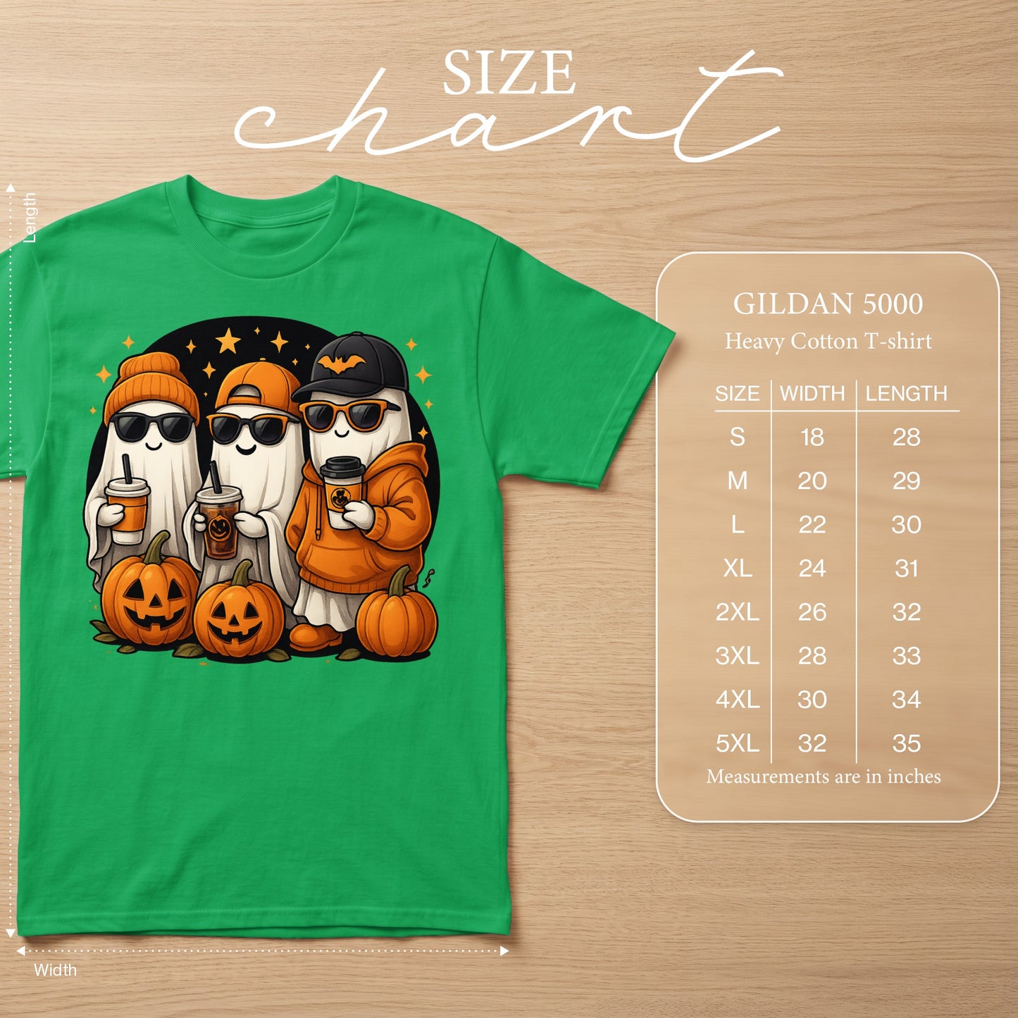 Green t-shirt with cartoon ghosts and pumpkins, GILDAN 5000 size chart.