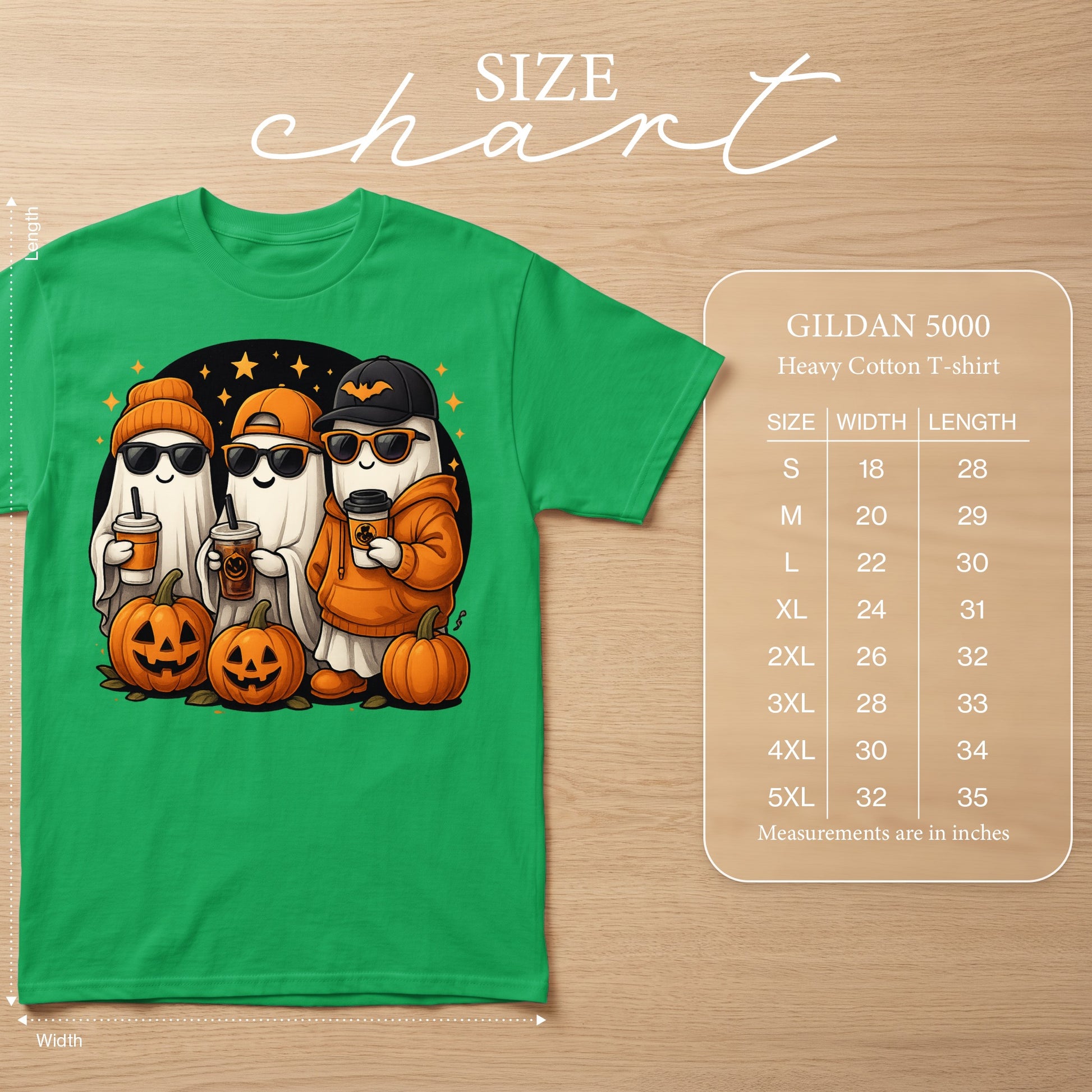 Green t-shirt with cartoon ghosts and pumpkins, GILDAN 5000 size chart.