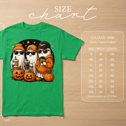 Green t-shirt with cartoon ghosts and pumpkins, GILDAN 5000 size chart.