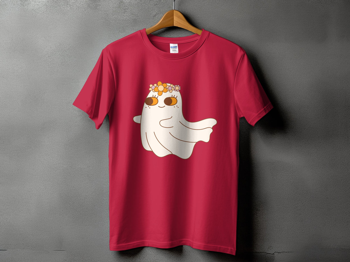 Red t-shirt with a white ghost wearing a flower crown graphic.