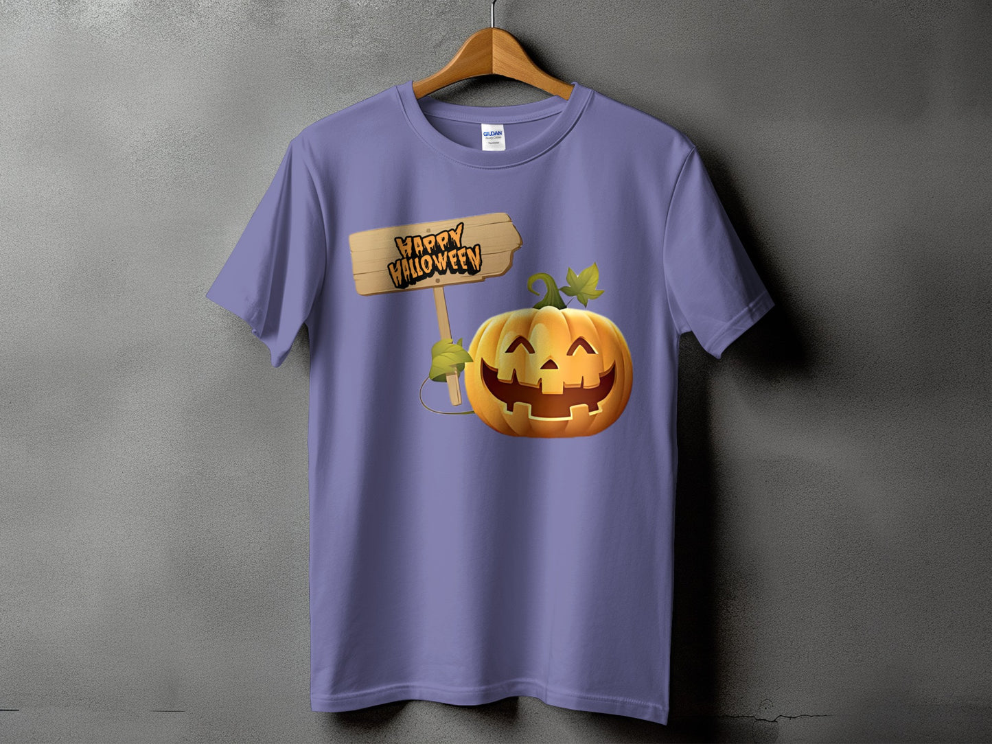 Purple t-shirt with smiling pumpkin and "Happy Halloween" sign graphic.