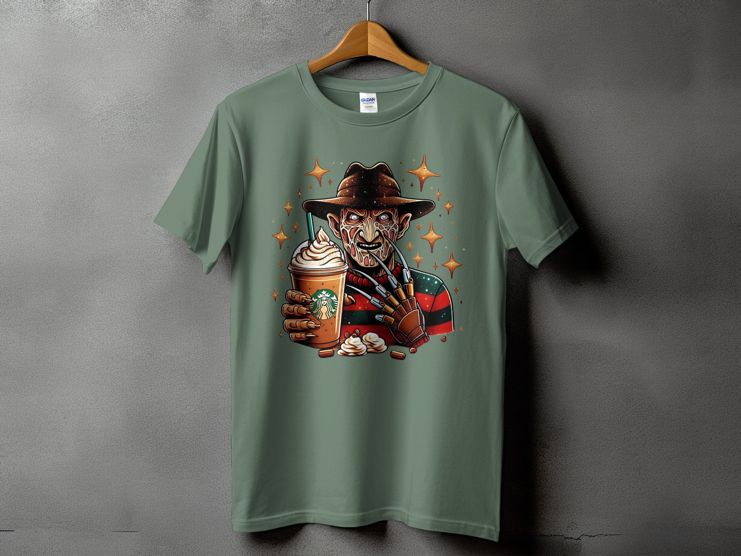 Freddy Krueger holding a Starbucks Frappuccino with stars surrounding him.