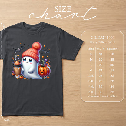 Cute Halloween ghost with coffee and pumpkin, size chart included.