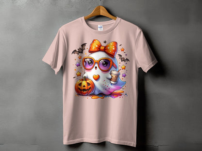 Pink t-shirt with a cute ghost wearing big glasses and holding coffee.