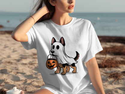 Halloween Dog Ghost T-Shirt with Pumpkin Print Design