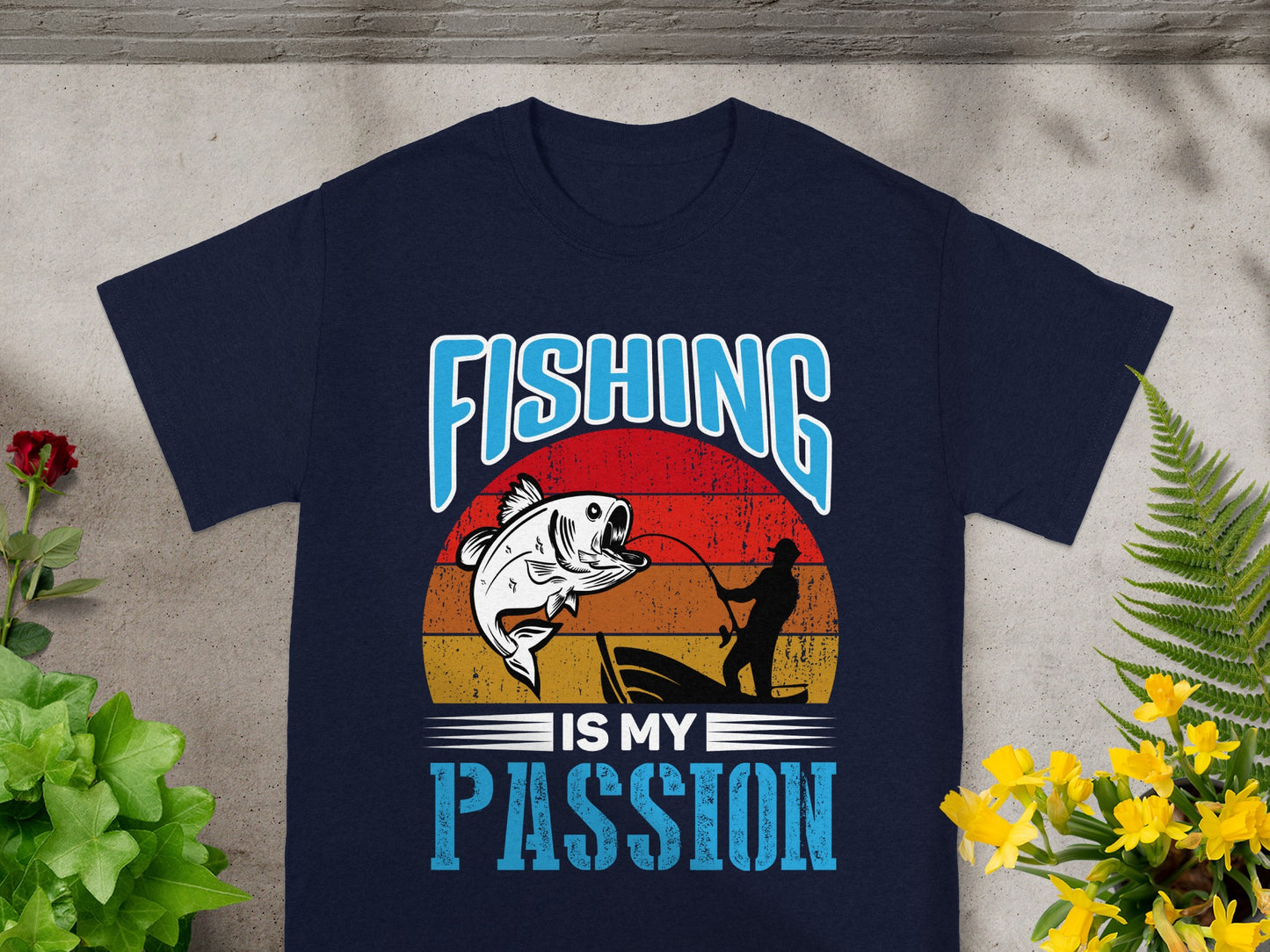 Fishing is my passion text with a bass jumping and fisherman in a boat.