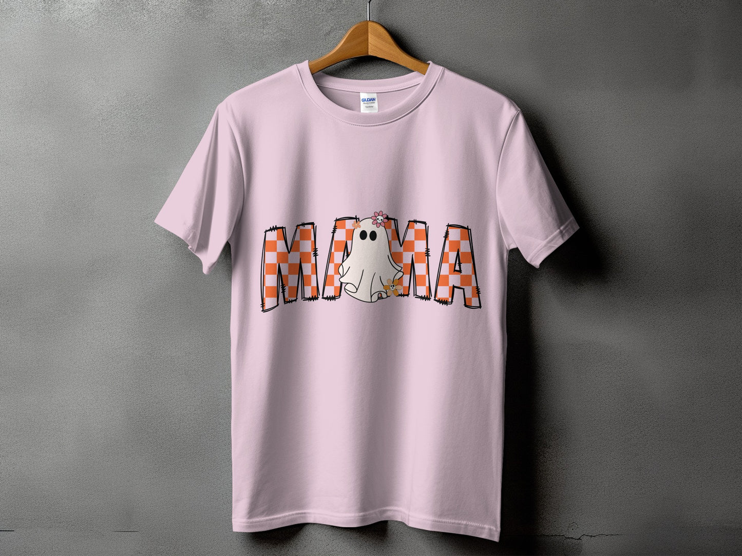 Pink t-shirt with "Mama" text and a ghost graphic.