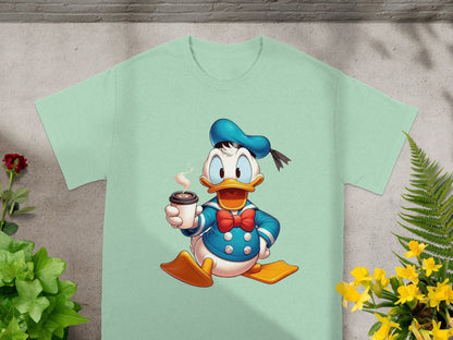 Donald Duck wearing a blue sailor hat and bowtie, holding a cup of coffee.