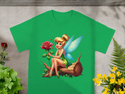 Green t-shirt with a fairy holding a rose and sitting on a log.