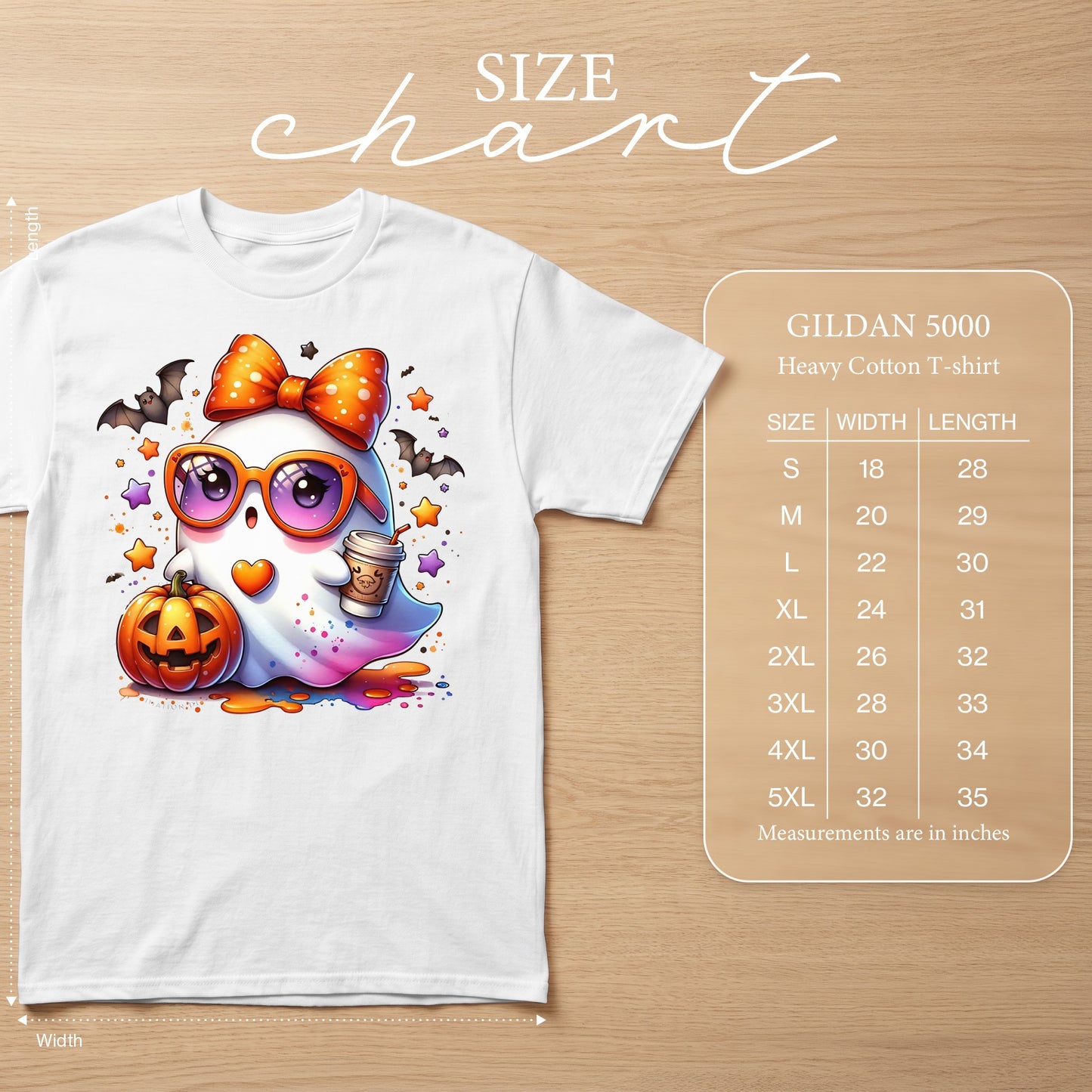 White t-shirt featuring a cute ghost with a pumpkin, bats, and a coffee cup. Includes Gildan 5000 size chart.