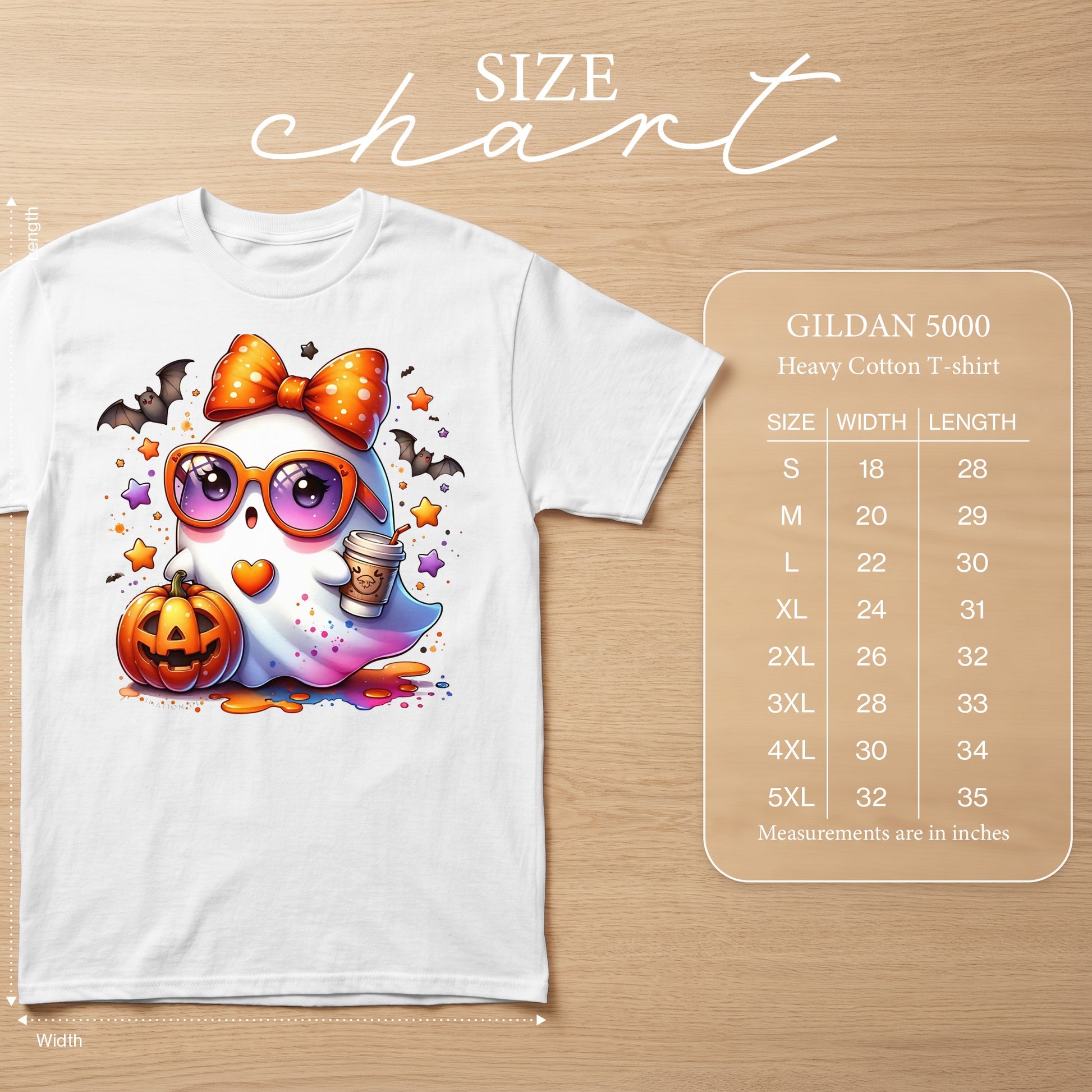 White t-shirt featuring a cute ghost with a pumpkin, bats, and a coffee cup. Includes Gildan 5000 size chart.