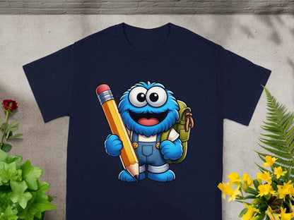 Blue monster with big eyes and backpack holding a yellow pencil.