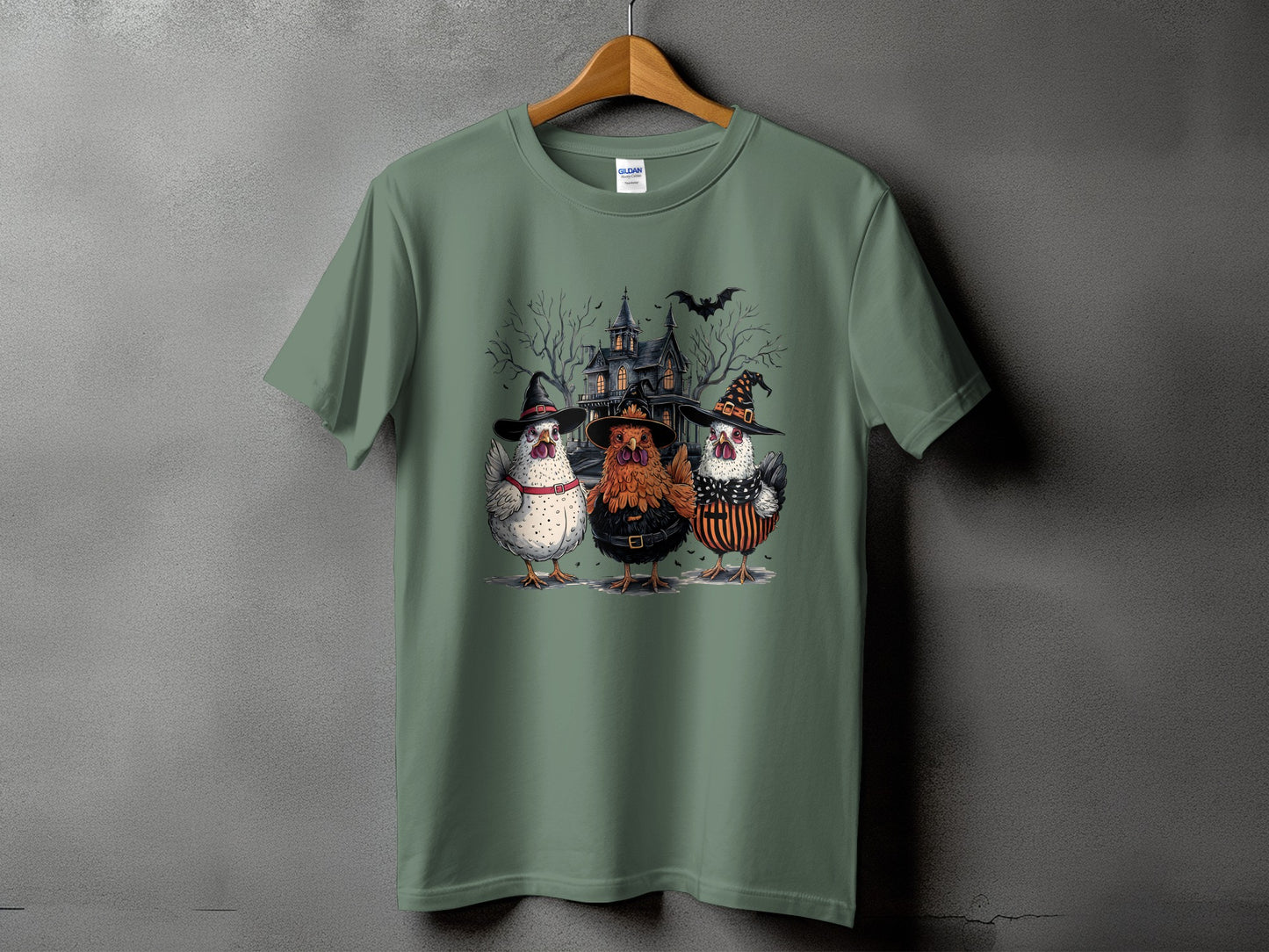 Three chickens in Halloween costumes stand before a haunted house.