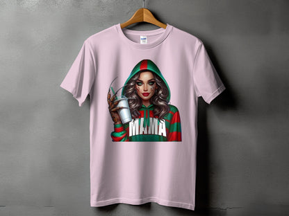 Pink t-shirt featuring a graphic of a woman in a green and red striped hoodie holding a drink.