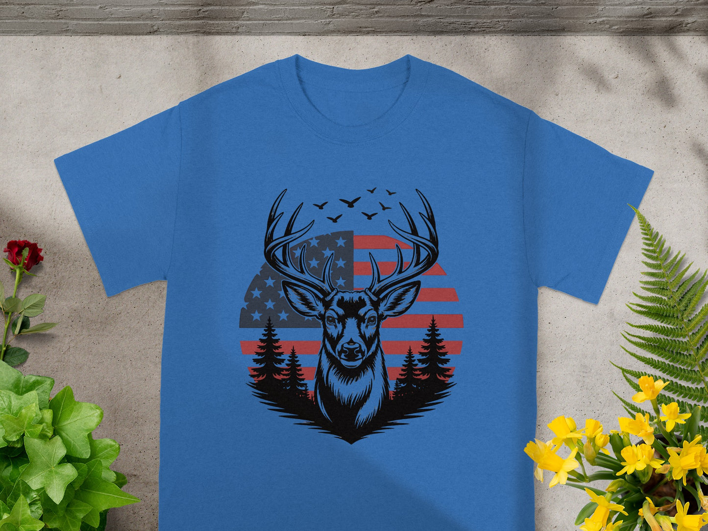 Deer head with antlers on American flag background with trees and birds.