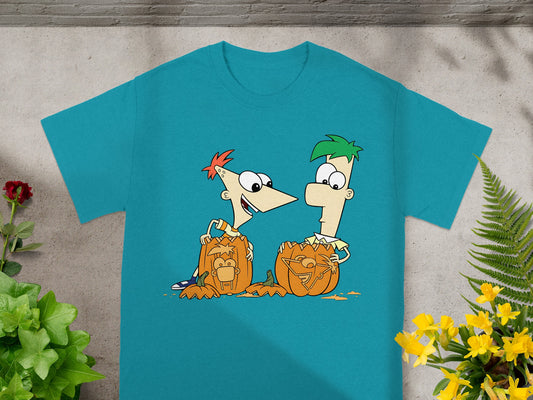 Phineas and Ferb characters with carved pumpkins on a teal t-shirt.
