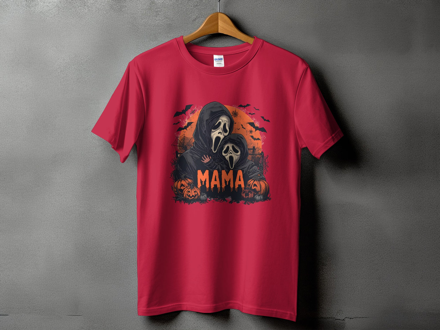 Red t-shirt with ghost-like figures and pumpkins, featuring the word "Mama."