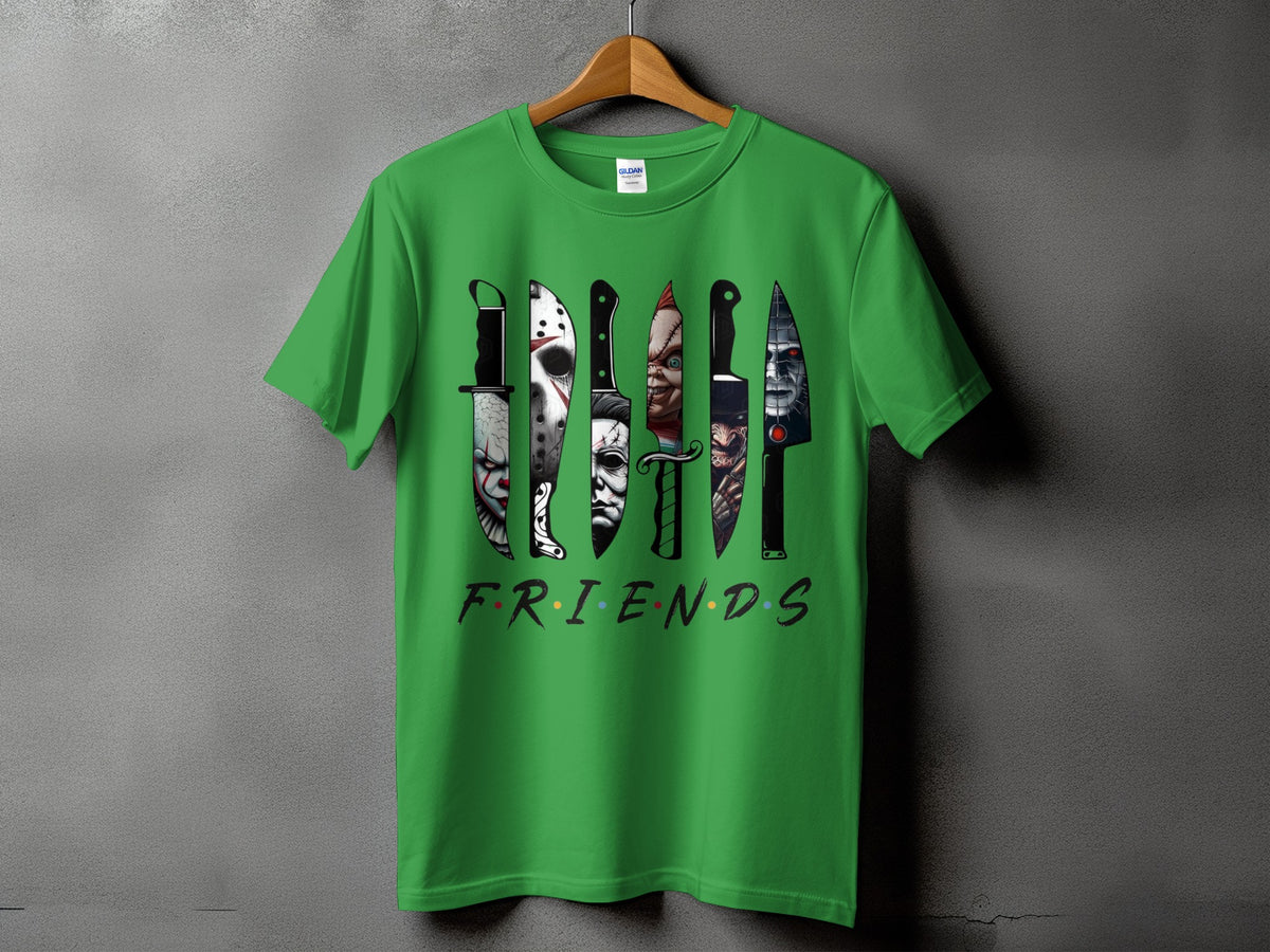Green t-shirt with horror movie knives and "FRIENDS" text.