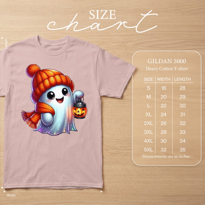 Pink Gildan 5000 t-shirt with cute ghost graphic and size chart.