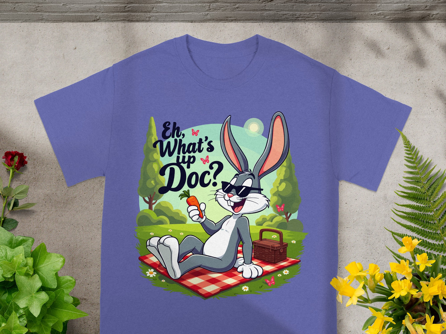 Bugs Bunny in sunglasses holding a carrot, "Eh, What's Up Doc?" text.