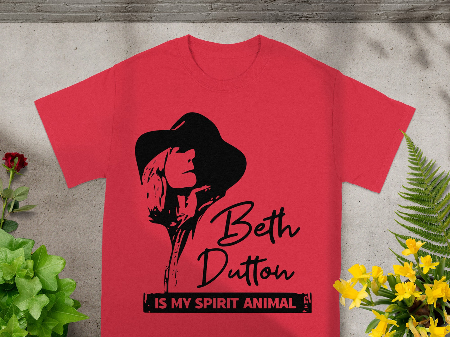 Red T-shirt with black Beth Dutton graphic and text "IS MY SPIRIT ANIMAL".