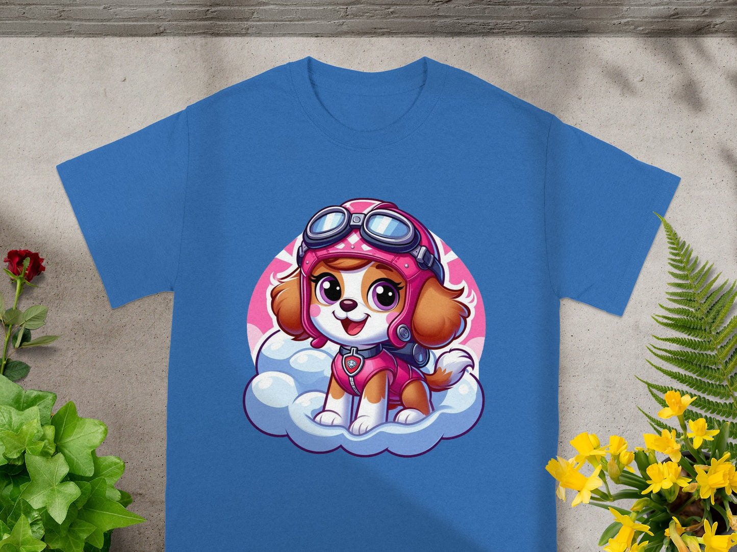 Blue t-shirt with Paw Patrol Skye character sitting on a cloud.