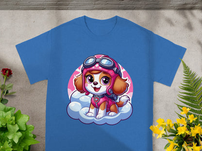 Blue t-shirt with Paw Patrol Skye character sitting on a cloud.