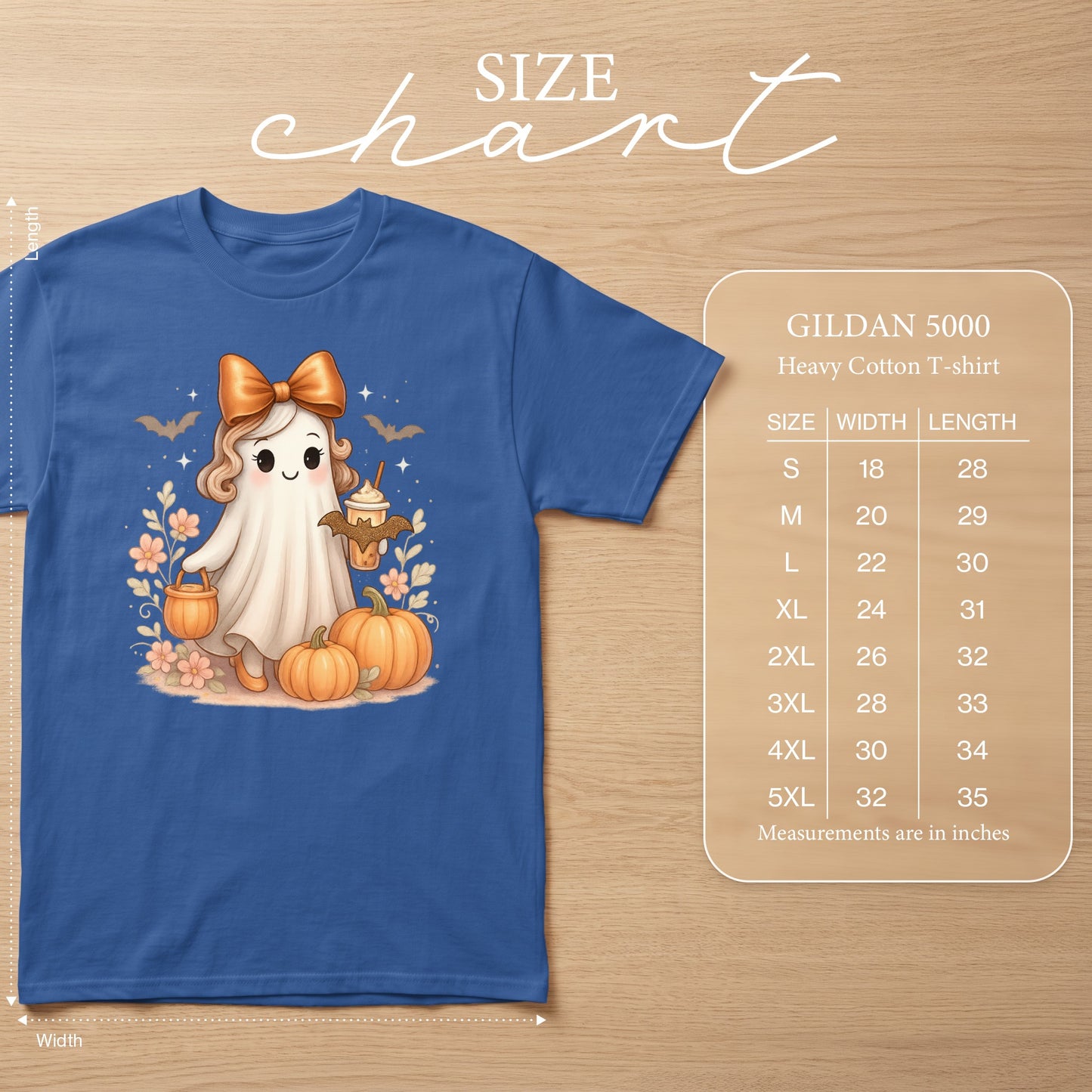 GILDAN 5000 Heavy Cotton T-shirt size chart with width and length measurements.