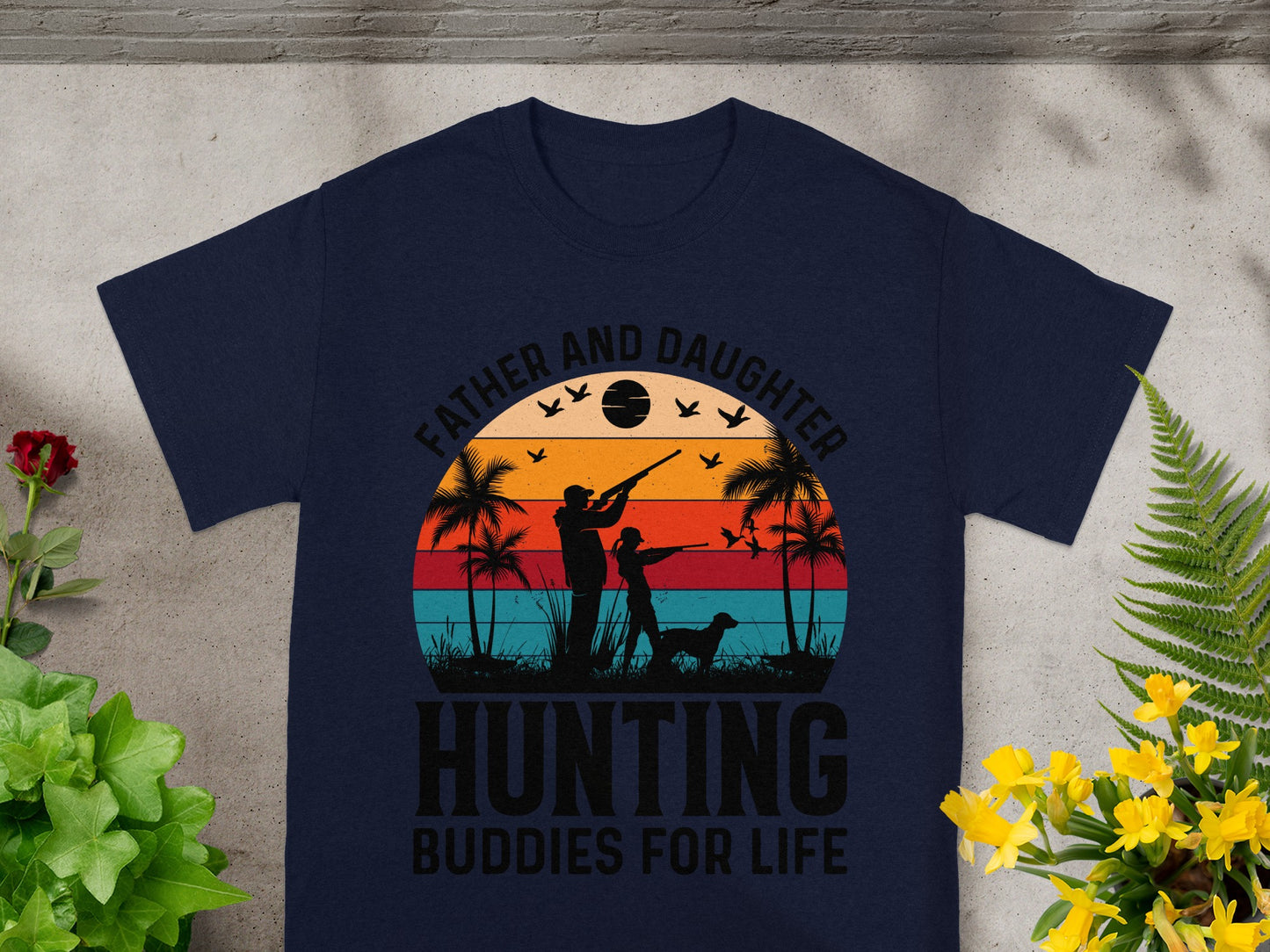 Father and daughter hunting buddies for life graphic on navy t-shirt.