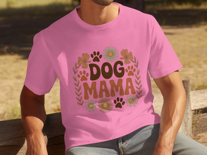 Pink Dog Mama T-Shirt with Floral and Paw Print Design