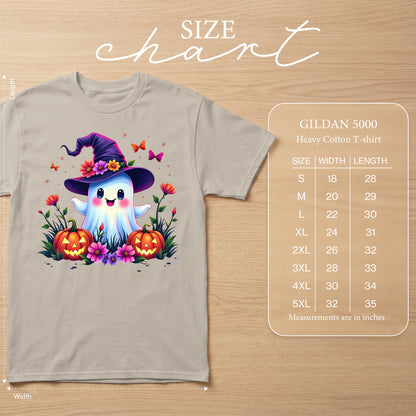 T-shirt with a cute ghost wearing a witch hat and pumpkins, size chart included.