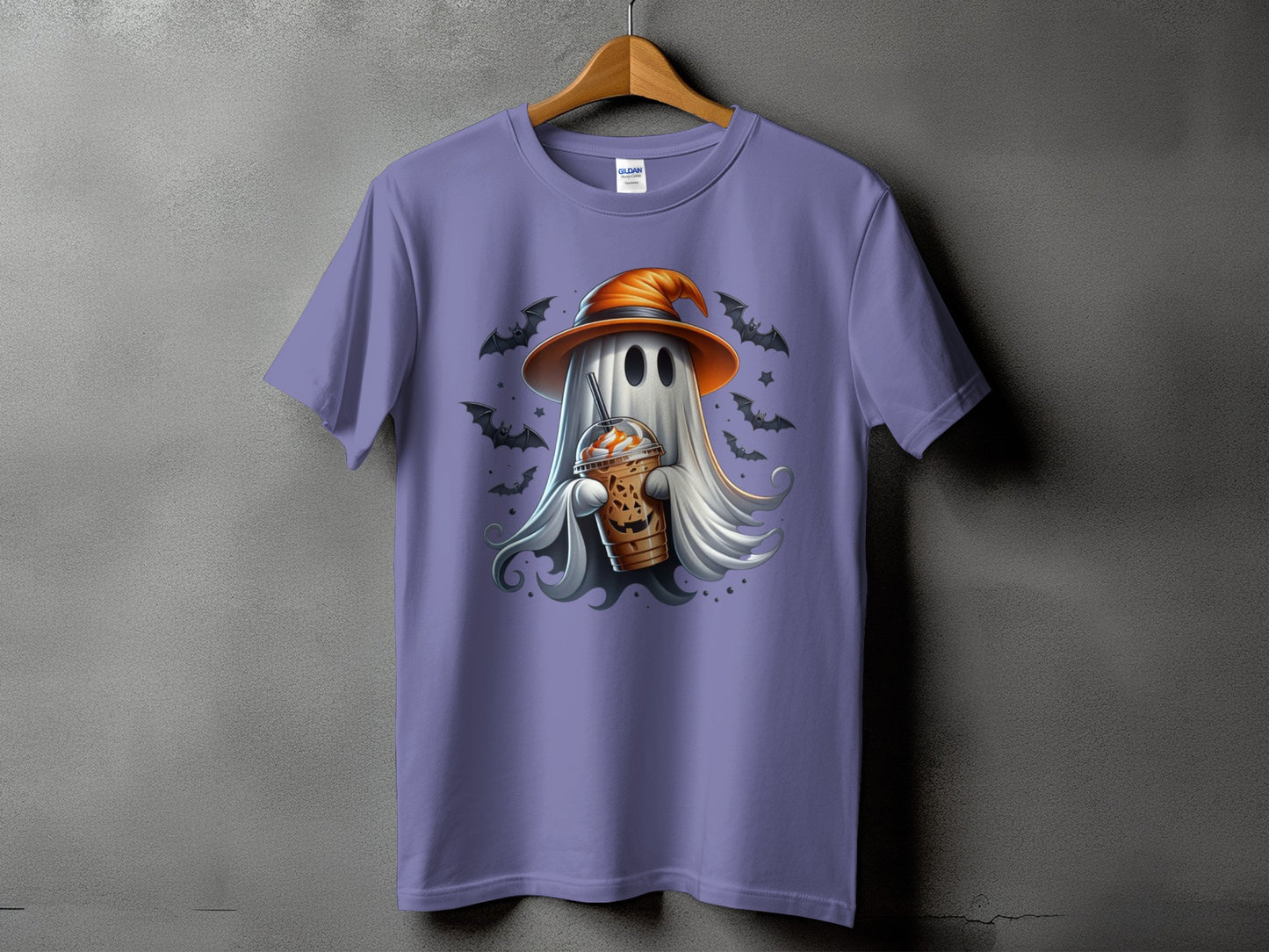 Ghost in witch hat holding pumpkin spice latte with bats and stars.