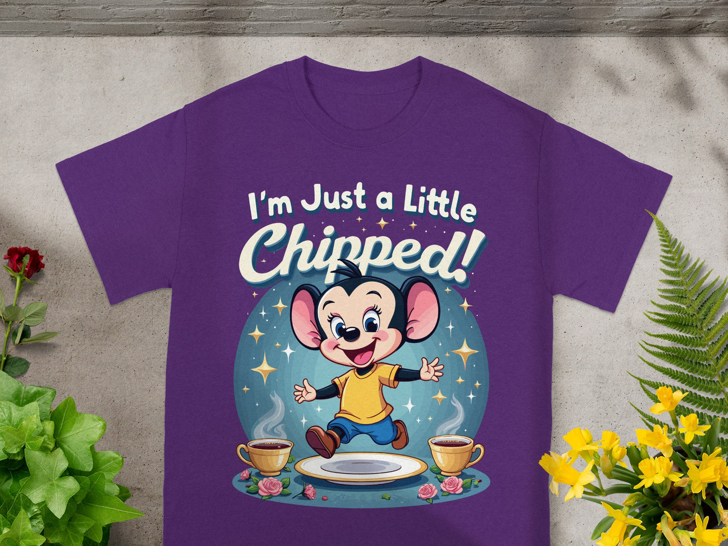 Purple t-shirt with cartoon mouse and text "I'm Just a Little Chipped!".