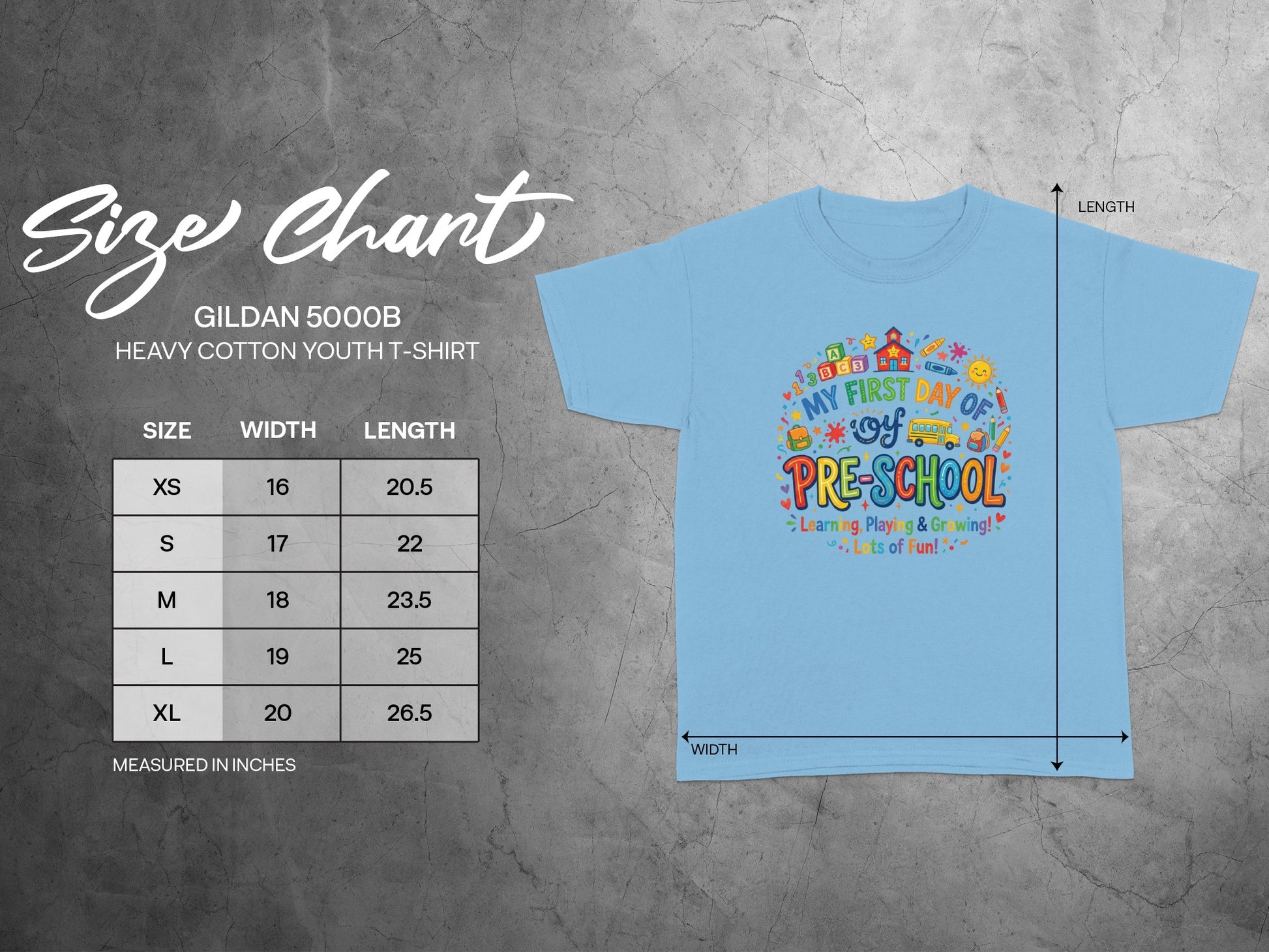 Gildan 5000B youth t-shirt size chart with width and length measurements.