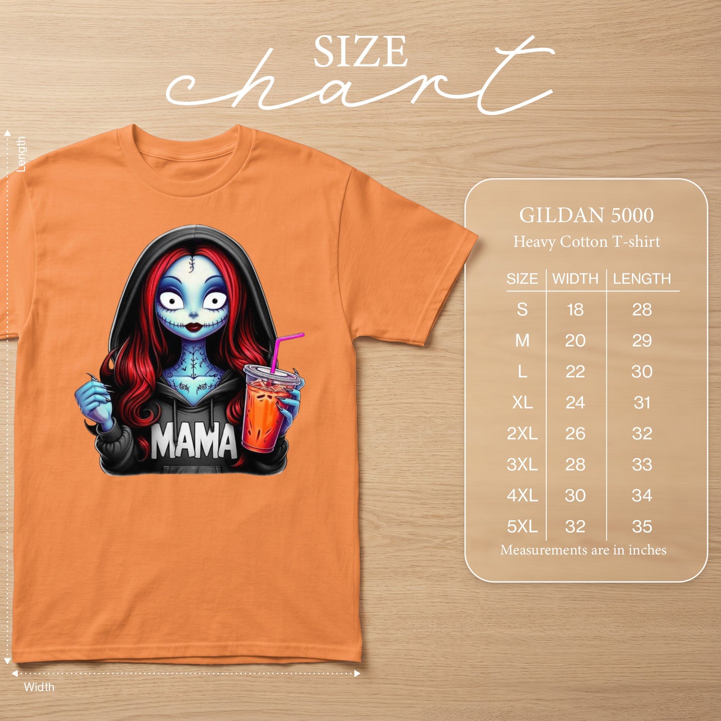 Orange t-shirt with "MAMA" design and size chart.
