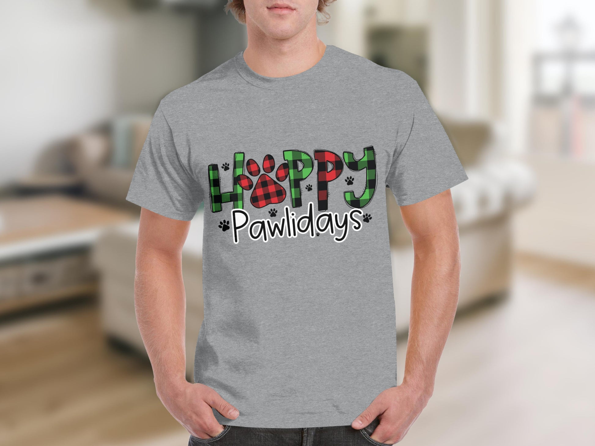 Happy Pawlidays Plaid Paw Print T-Shirt