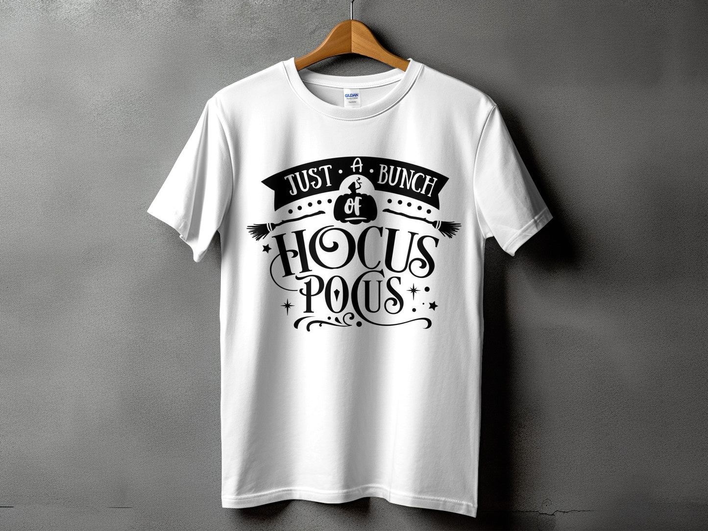White t-shirt with "Just a bunch of Hocus Pocus" Halloween graphic.