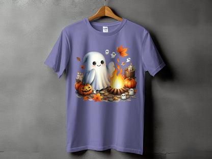 Cute ghost and pumpkins around a campfire with falling leaves and candles.