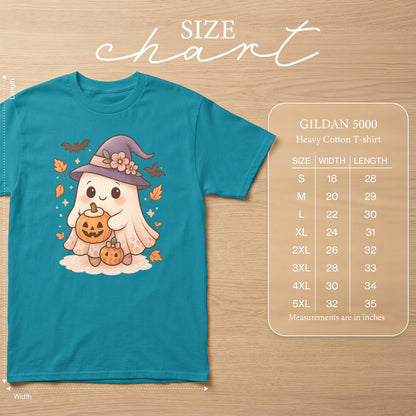 Teal Gildan 5000 t-shirt featuring a cute ghost with a witch hat and pumpkins, with a size chart.