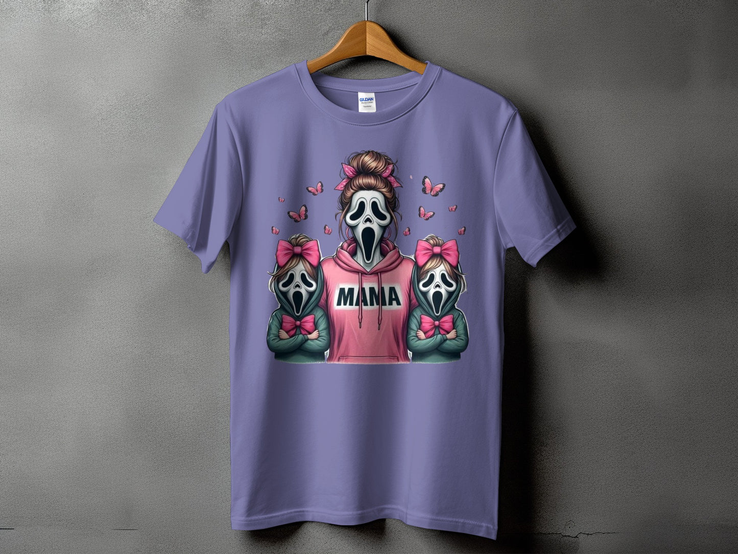 Ghostface mama graphic with two children on a lavender t-shirt.