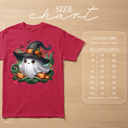 Red t-shirt with a cute ghost wearing a witch hat, pumpkins, and bats. Includes Gildan 5000 size chart.