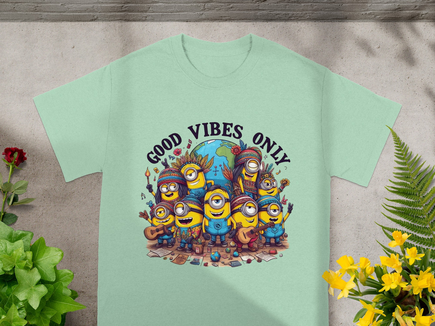 Minions wearing hippie attire with "Good Vibes Only" text around a globe.